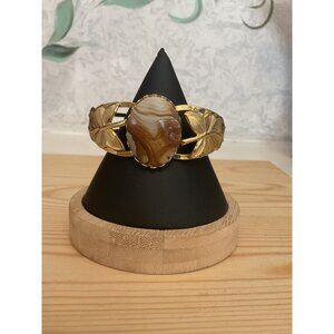 Gold-Tone Leaf & Faux Stone Inlay Hinged Bracelet With Secure Hinged Clasp